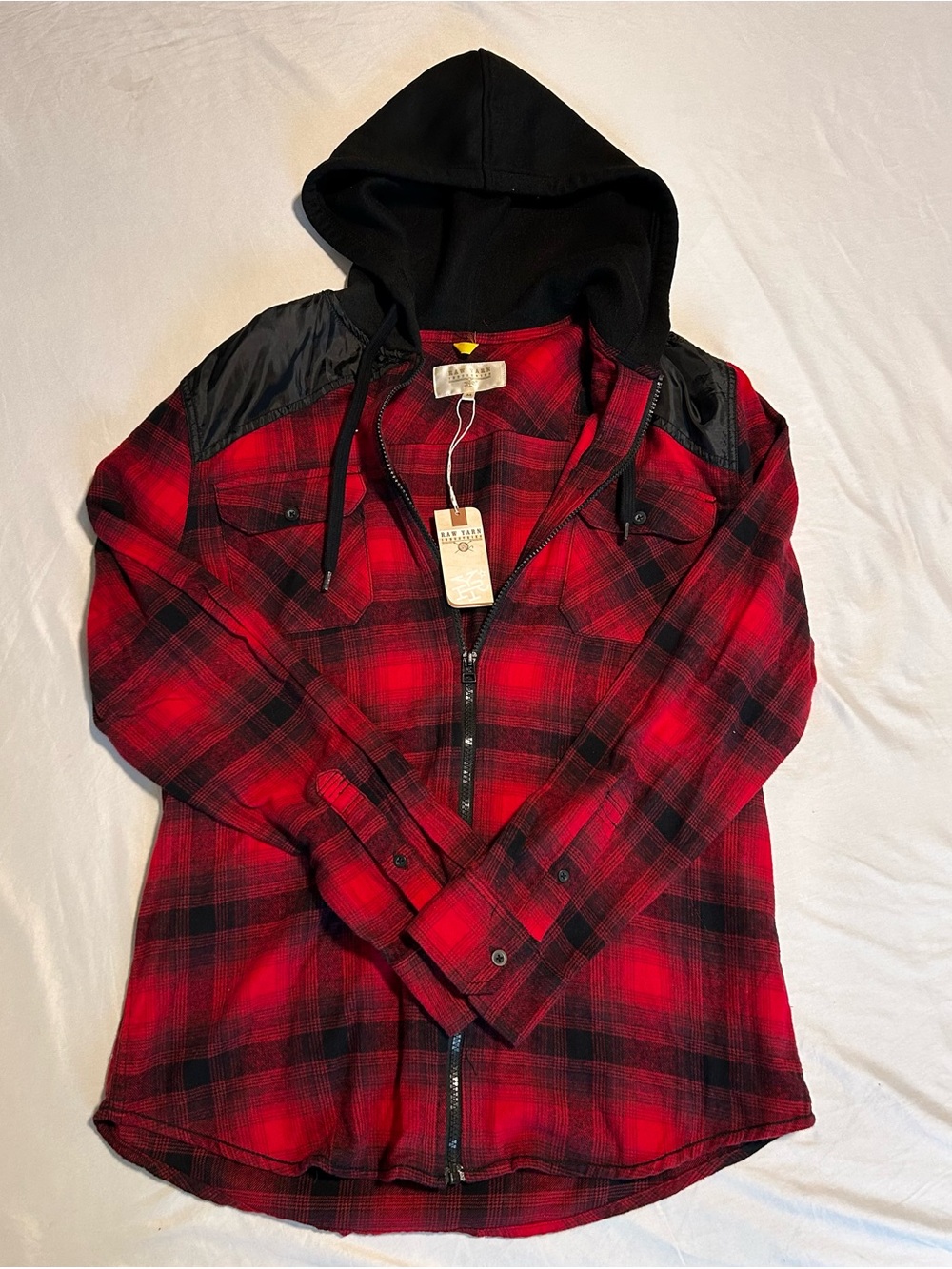 Men's Red Plaid Hooded Zip-Up Jacket
